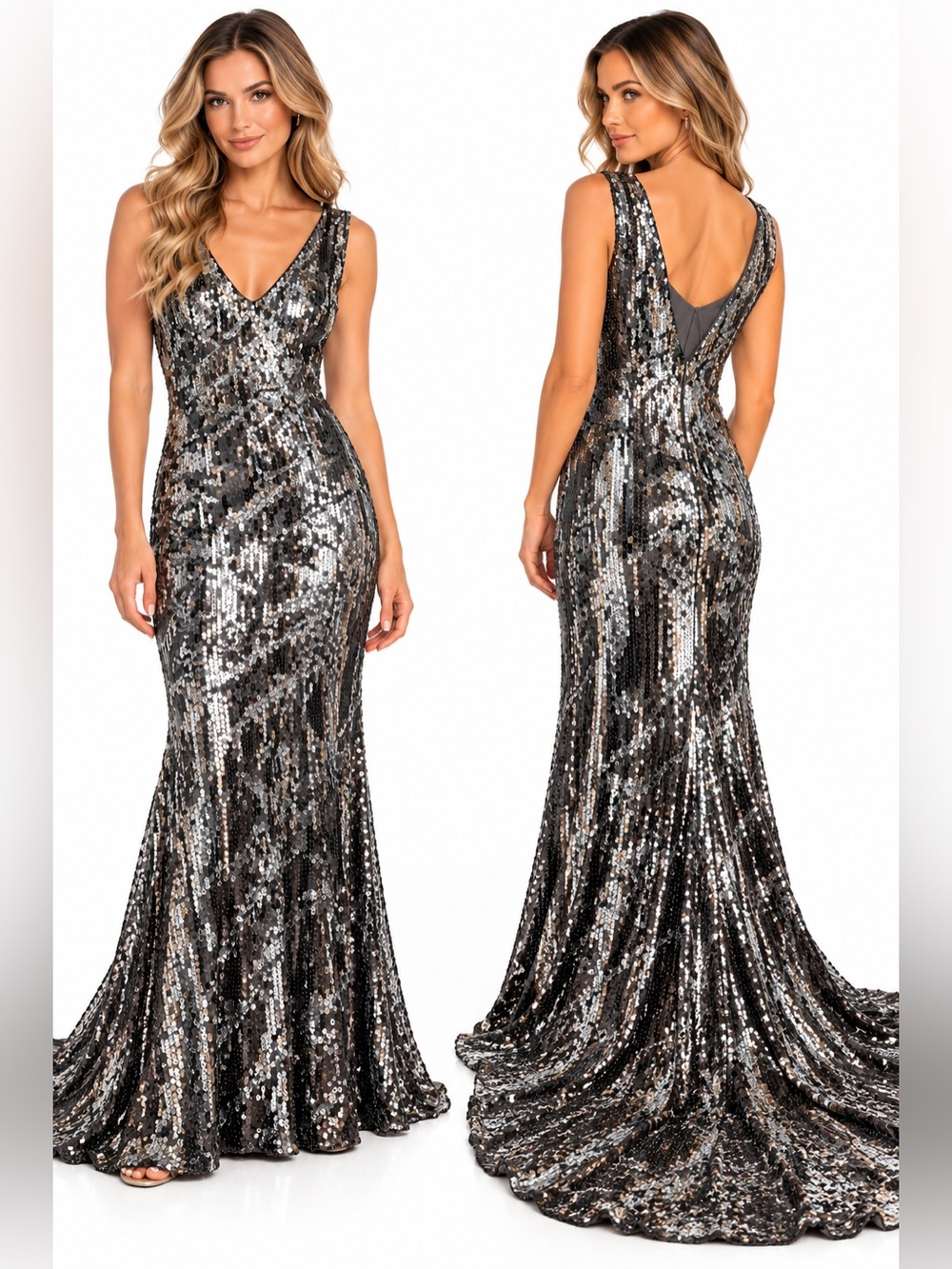 Rene Ruiz Size 12 Silver Sequin V-Neck Evening Dress with Train